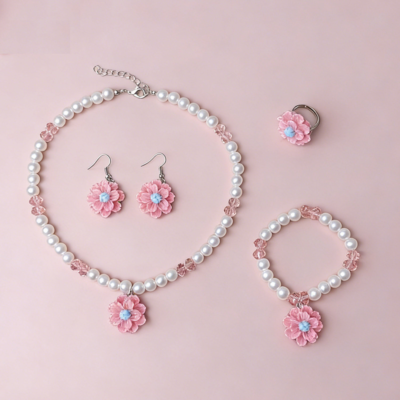 Four-Piece Set of Cross-Border Best-Selling Earrings, Cute and Fresh Necklaces, Pearl Flower Pendants, 2025 New Children's Earrings