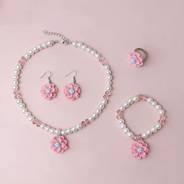 Four-Piece Set of Cross-Border Best-Selling Earrings, Cute and Fresh Necklaces, Pearl Flower Pendants, 2025 New Children's Earrings