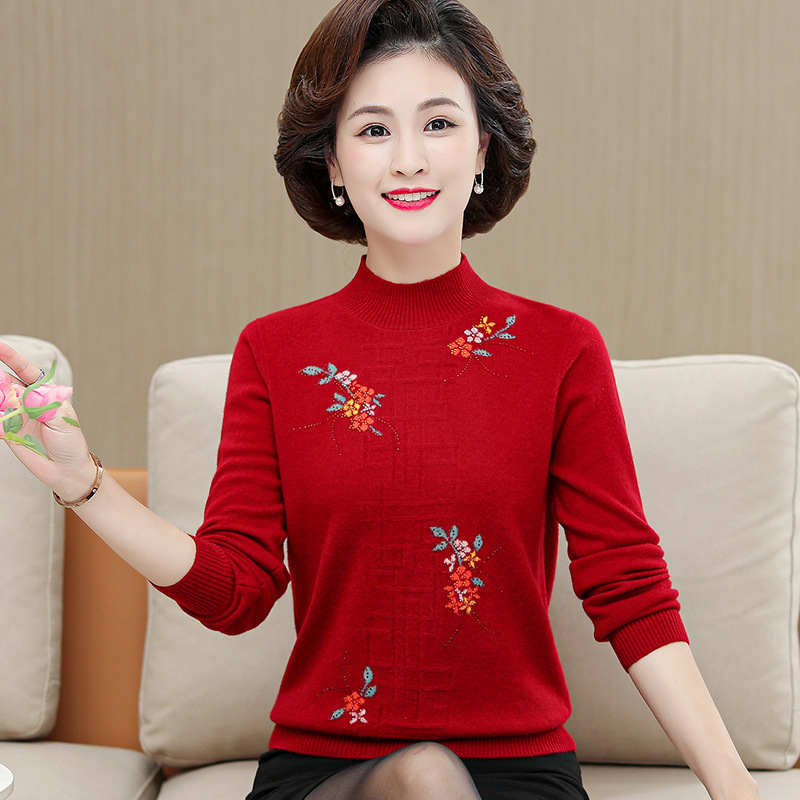 High-End Versatile Cashmere Sweater for Women, Fashionable Middle-Aged and Elderly Mothers, Half Turtleneck Thickeneded Warm Sweater with Base Layer Sweater