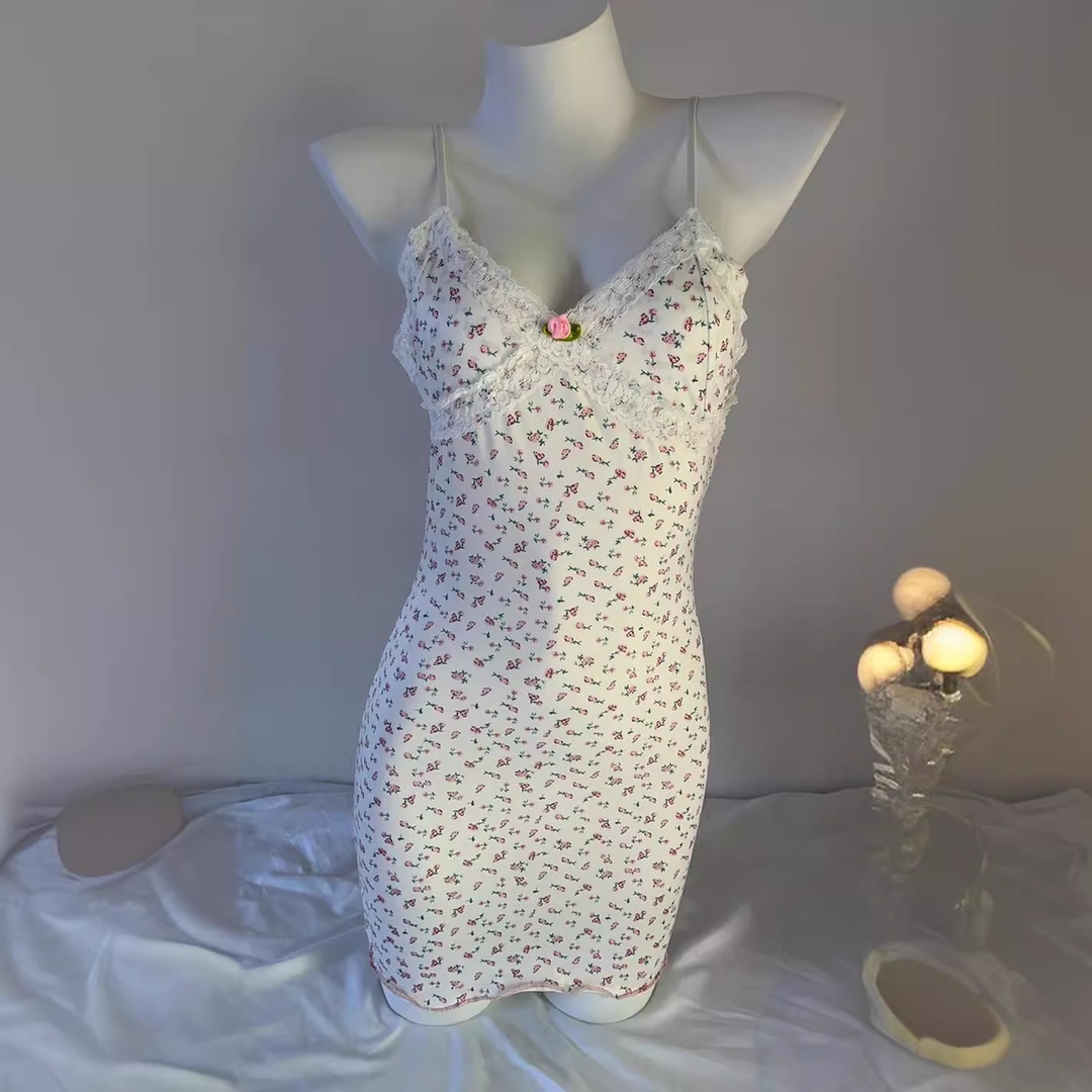 Women’s Floral Sling V-Neck Pajama Dress with Chest Pad and Elastic Waist — detail image 1