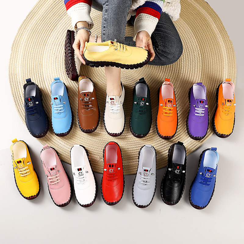 外贸爆款2024秋新款牛筋软底妈妈鞋女大码手工缝线系带外穿休闲