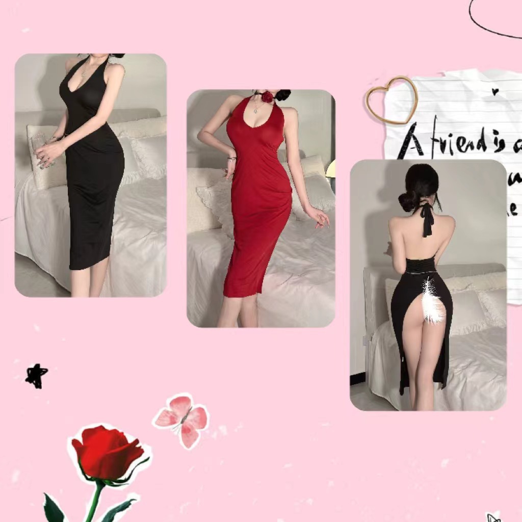 Bridal Cheongsam-Inspired Lingerie Dress with Deep-V Halter Neck and Red Waist Chain — detail image 3