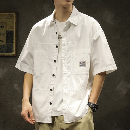 American retro new large size fat guy work shirt, men's short-sleeved loose summer high-end half-sleeved fat guy cross-border