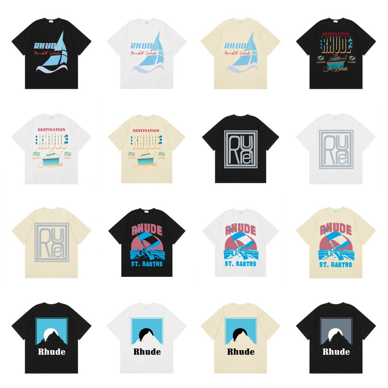 Rhude Short-Sleeved Loose T-Shirt for Men and Women, Couple Style, Spring and Summer Half-Sleeve, Pure Cotton, Breathable, Versatile, Weight 300g Rhude Short-Sleeved Loose T-Shirt for Men and Women, Couple Style, Spring and Summer Half-Sleeve, Pure Cotton, Breathable, Versatile, Weight 300g