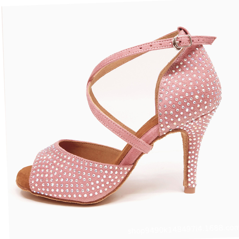 Pink Latin ballroom dance shoes for women, high heels with diamond waltz  tango chacha performance dance shoes, indoor soft soled social dance sandals