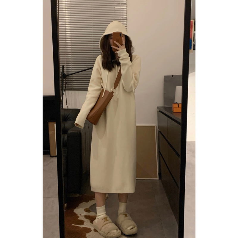 Viiwen Paper Man Hooded Knitted Dress Slim Autumn and Winter Long Loose Inner Cream Sweater Dress Viiwen Paper Man Hooded Knitted Dress Slim Autumn and Winter Long Loose Inner Cream Sweater Dress