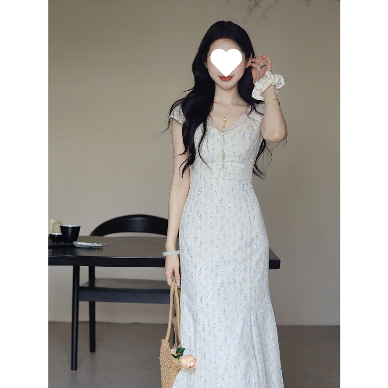 Chinese Style French Dress Women's Summer Square Collar New Summer Slim Fit Waist Long Skirt Cheap Floral Chinese Style French Dress Women's Summer Square Collar New Summer Slim Fit Waist Long Skirt Cheap Floral