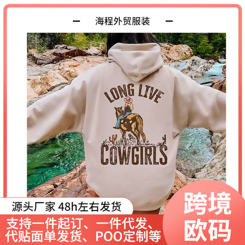 Cowgirl Long Live Hoodie Western Desert Hooded Sweatshirt Retro Cactus Cowgirl Pullover Wild