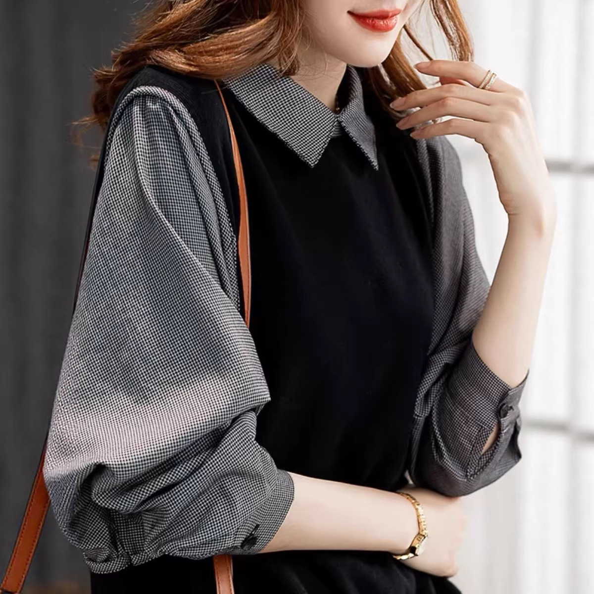 Áo sơ mi nữ dài tay phối màu giả hai lớp phong cách Hàn Quốc — đen chi tiết 4