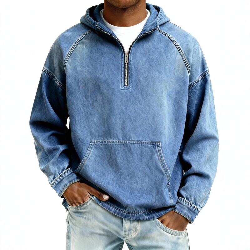 Amazon's New Men's Zip-Up Solid Color Top, Heavy-Duty Distressed Washed Denim Casual Hooded Sweatshirt for Men Amazon's New Men's Zip-Up Solid Color Top, Heavy-Duty Distressed Washed Denim Casual Hooded Sweatshirt for Men