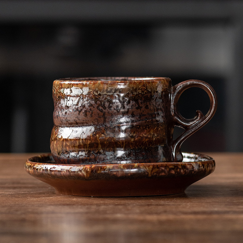 Estilo japonés vintage de cerámica taza de café y platillo traje creativo regalo taza de té de la tarde taza de café de gres