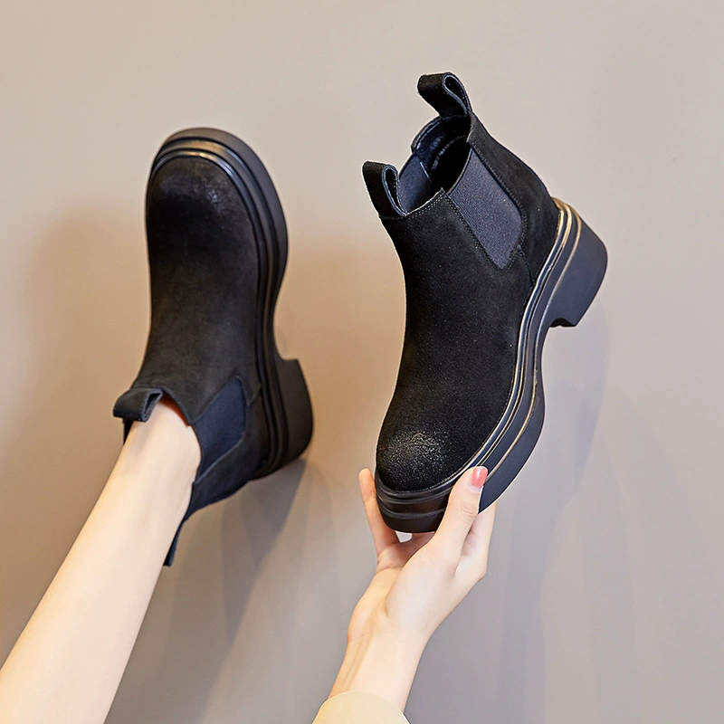 Кожаные Ботинки Челси женские 2023 осень-зима 2023 новые британские сапоги-сигареты на флисовой подкладке Коричневые Ботинки Martin на плоской подошве