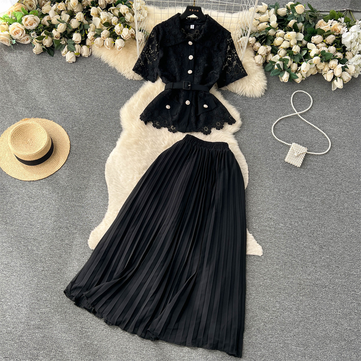 Damen Zweiteiliges Set Aus Kurzarmbluse Und Plisseerock Für Den Sommer_voghion.com