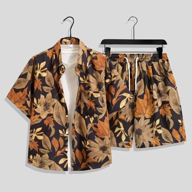 Мужской костюм из рубашки и шорт с тайским цветочным принтом, гавайская пляжная рубашка с коротким рукавом, парная одежда, новинка лета 2025 года, летняя куртка