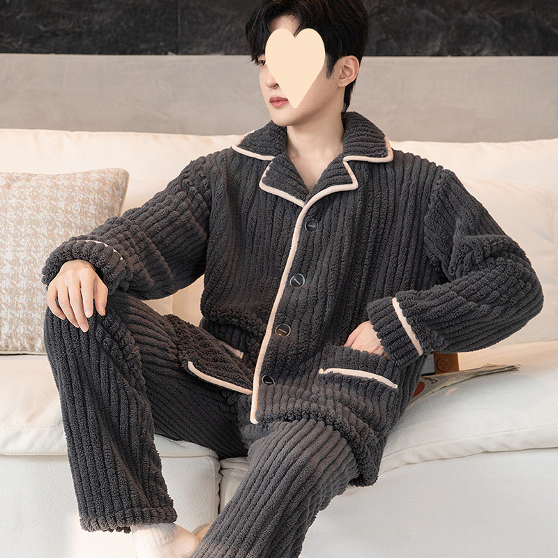단색 남성용 산호 벨벳 잠옷, 가을, 겨울 긴팔 벨벳 두꺼운 따뜻한 겨울 청년 및 중년 대형 가정복