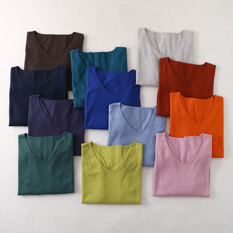 Silk Cashmere Blended V-Neck Soft Waxy Base Top Knitted Basic Loose Soft Waxy Close-fitting Long-sleeved Sweater