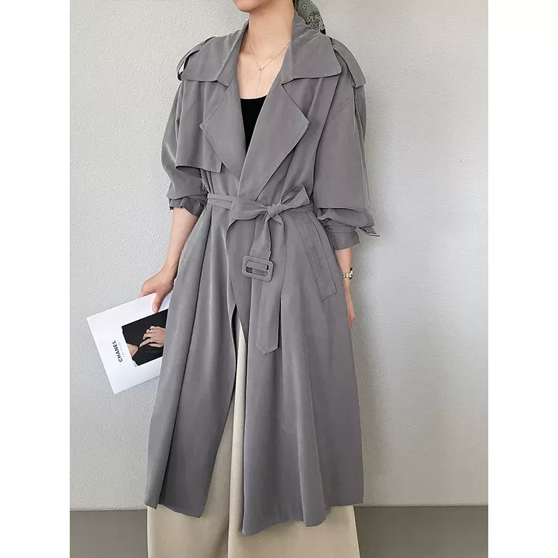 江左 姐感高智自然垂腔调仿铜氨女式风衣外套女上衣中长款 6515