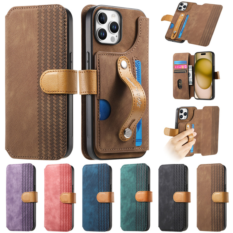 Cross-Border New Product Apple 17 Flip Phone Leather Case with Wrist Strap and Card Slot, Suitable for iPhone 14 and 15, Anti-Fall Leather Case
