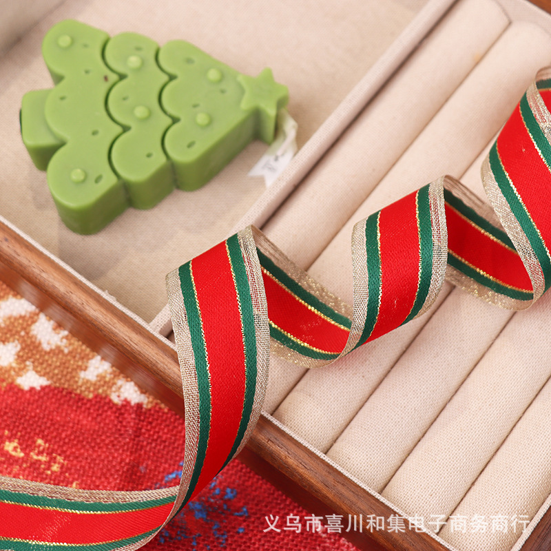 クロスボーダー赤と緑のストライプクリスマススプライシングリボン diy ホリデーデコレーションギフト包装ゴールドワイヤー 3 色クリスマスリボン|undefined
