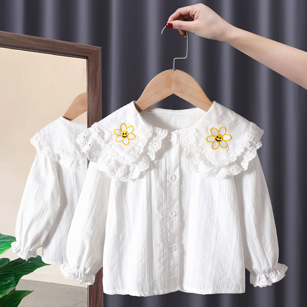 Camisa de encaje con solapa para niña, primavera y otoño 2025, nueva ropa infantil, blusas para bebé, camisa blanca de algodón para niña