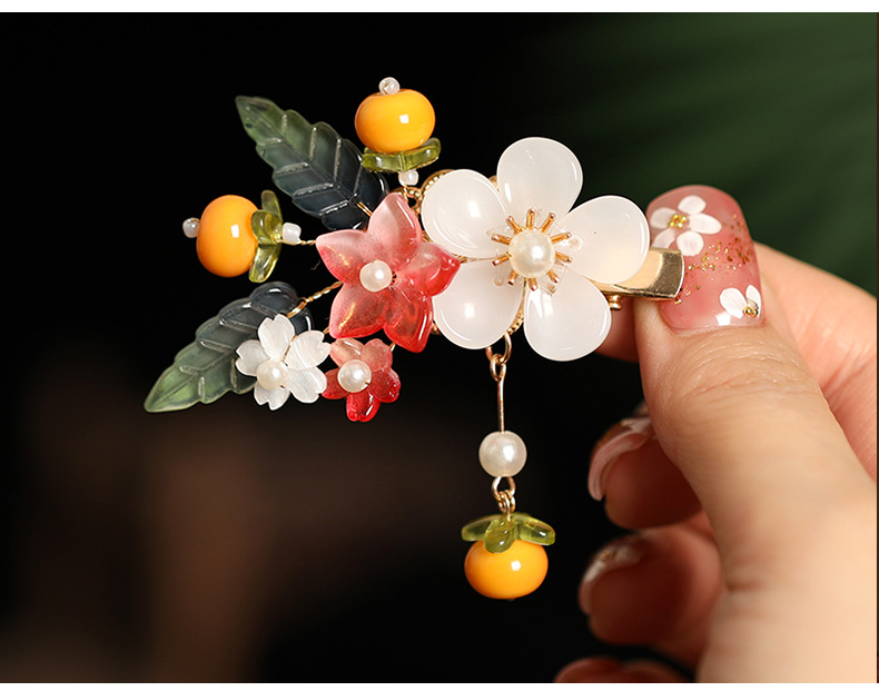 Persimmonförmige Haarspangen, 2 Stück, chinesischer Stil, Mädchen-Haarnadel für Hanfu-Dekor, Retro-Perlen-Blumen-Haarspangen, niedliche Neujahrs-Kopfbedeckung – Detail 3