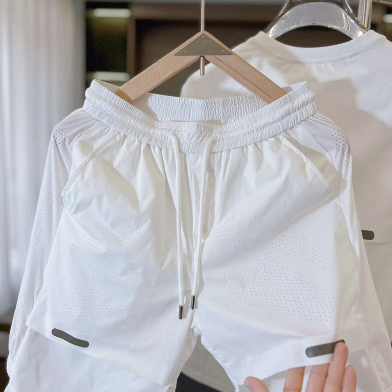 Camisa de seda de hielo con costuras transpirables de verano, pantalones cortos, traje de ocio deportivo de secado rápido suelto de alta elasticidad para hombre de dos piezas