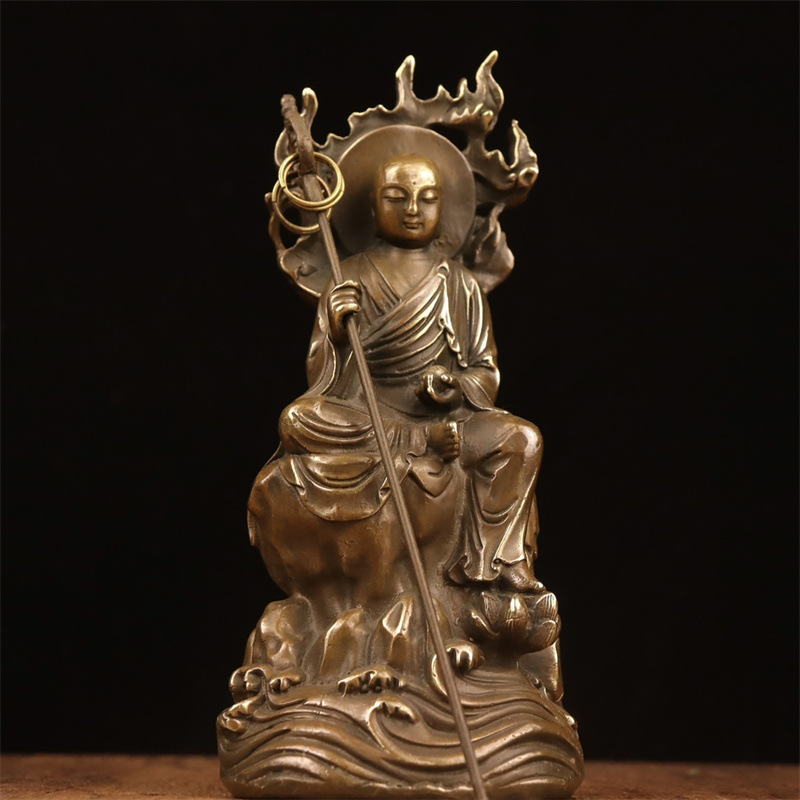 黄铜地藏王摆件仿古人物佛像坐岩石火焰地藏王佛像地藏王菩萨摆件