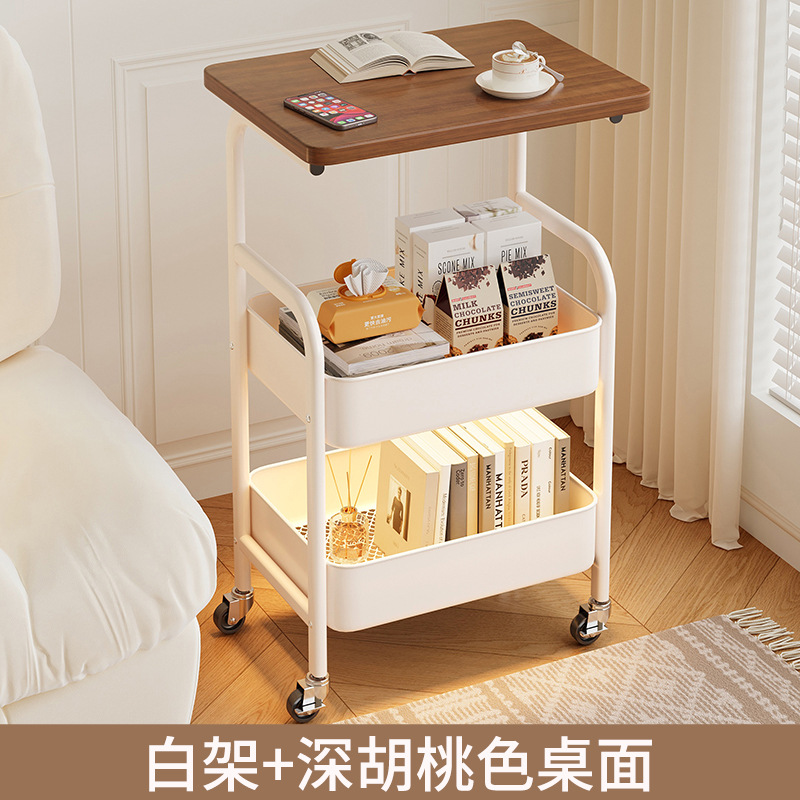 Mesa de té móvil de doble capa de sala de estar junto al sofá de almacenamiento integrado con mesa de té de ruedas para el dormitorio, estante de cama simple
