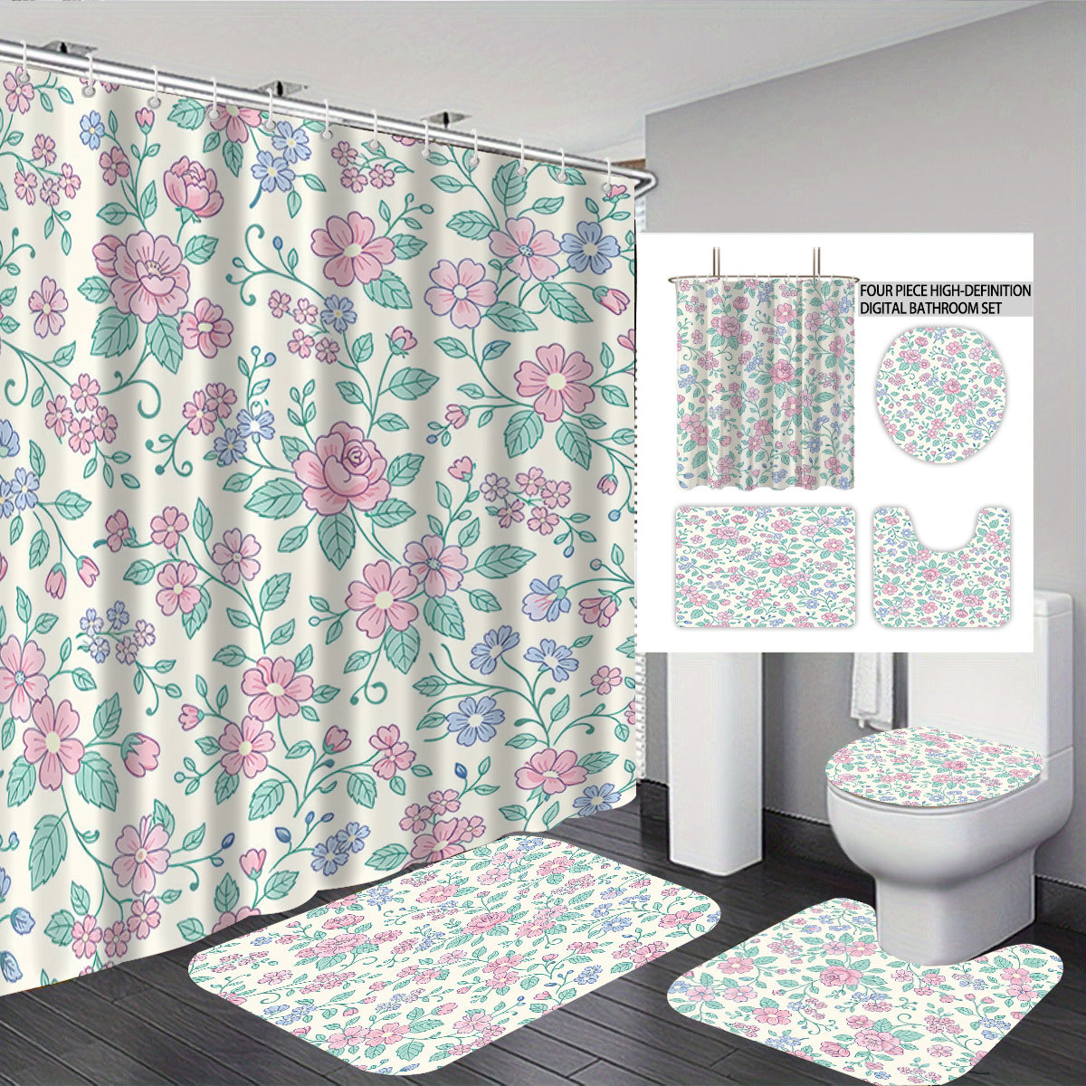 Cortina de baño de cuatro piezas de poliéster impresión digital 3D mariposa sin perforación separación seca y húmeda cortina de baño impermeable image 9