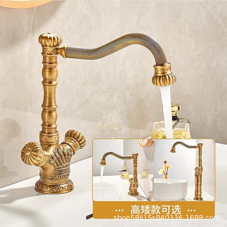 European-Style High-End Antique Thickened Fully Carved Retro Faucet for Bathroom Under-Counter Basin Hot and Cold Water with Rotating Anti-Freeze