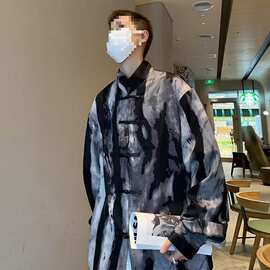 300斤大码水墨扎染衬衫男夏季新中式男装感盘扣宽松加肥衬衣热销