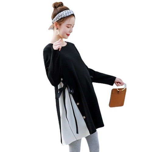 Fashionable maternity set for autumn and winter, trendy one-piece dress with long sleeves, T-shirt and long-sleeved sweatshirt set for outerwear.