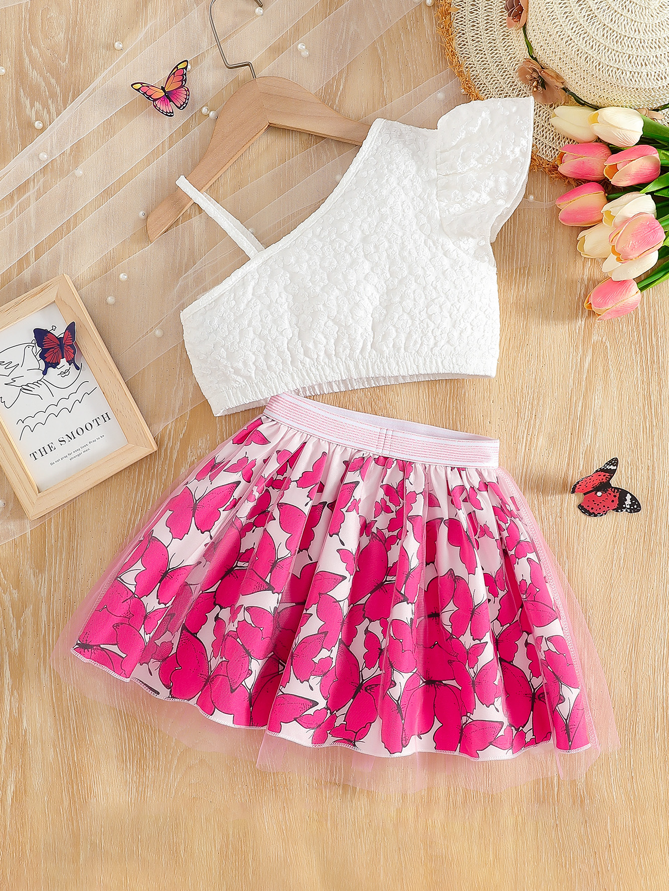 2026 nuevo estilo de verano vestido de niñas estampado mariposa chica vestido corto para niños pantalones de cierre