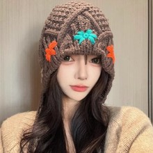 手工毛线帽女秋冬季针织保暖包头帽显脸小百搭花朵绑带护耳渔夫帽