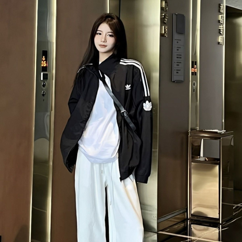 三叶新款运动情侣外套男女三条休闲刺绣潮流宽松立领上衣夹克潮|undefined