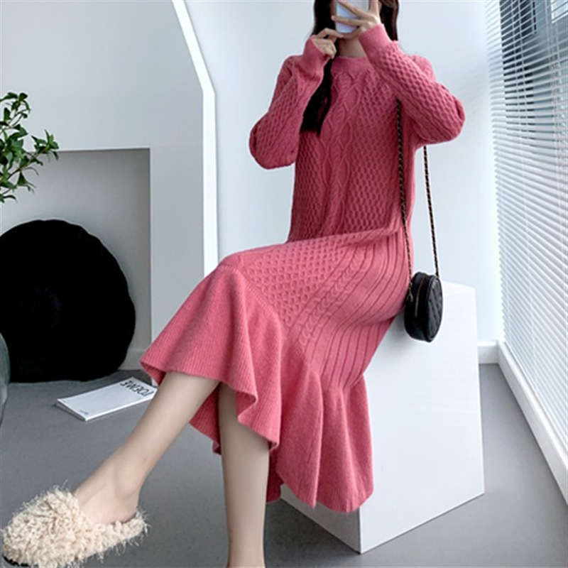Thickened Lazy Wind Twist Crewneck Knitted Sweater Dress Autumn and Winter Lengthened Over-the-knee Fishtail Skirt Matching Coat Base Skirt for Women Thickened Lazy Wind Twist Crewneck Knitted Sweater Dress Autumn and Winter Lengthened Over-the-knee Fishtail Skirt Matching Coat Base Skirt for Women