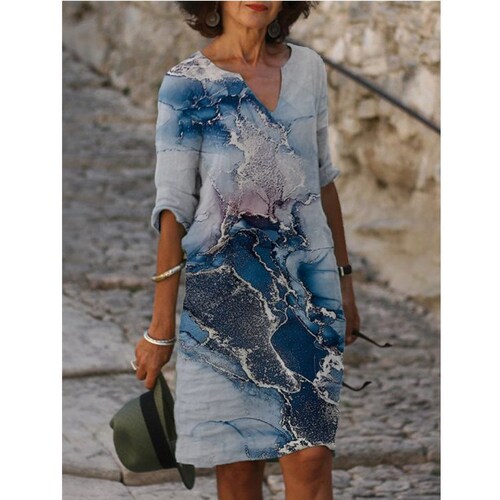 Summer Printed Loose Washed Cotton Floral Short Sleeve Women's Retro Literary Crew Neck Five-Pointer