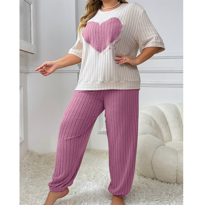 ChicShe European And American Style Round Neck Short Sleeve Long Pants Pajama Set For Women, Autumn New High-end Loose Heart_ecoleips.com