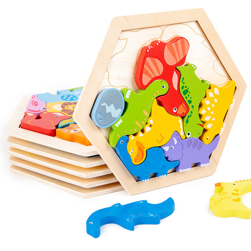 Wholesale wooden enlightenment early education educational baby 3-6 years old animal transportation hexagonal three-dimensional children's puzzle toy
