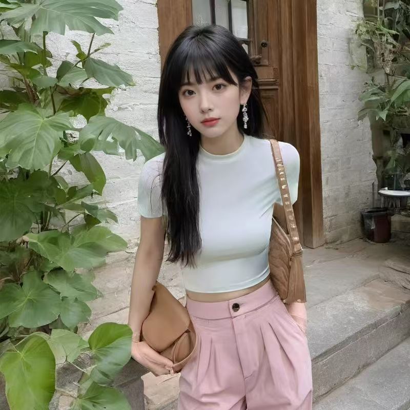露脐短款T恤女2025夏季新款修身短袖显瘦百搭上衣打底衫性感|undefined