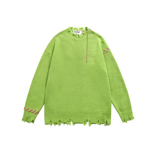 Autumn and Winter New American Style High Street Trendy Brand Ripped Sweater Men's and Women's Loose oversize Hip Hop Knitwear