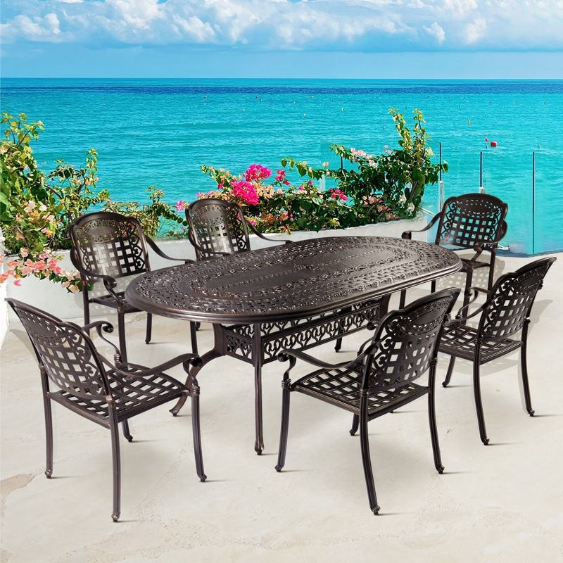 European-Style Outdoor Oval Furniture Set Cast Aluminum Dining Table and Chairs Suitable for Courtyards, Gardens, Open-Air Commercial Streets
