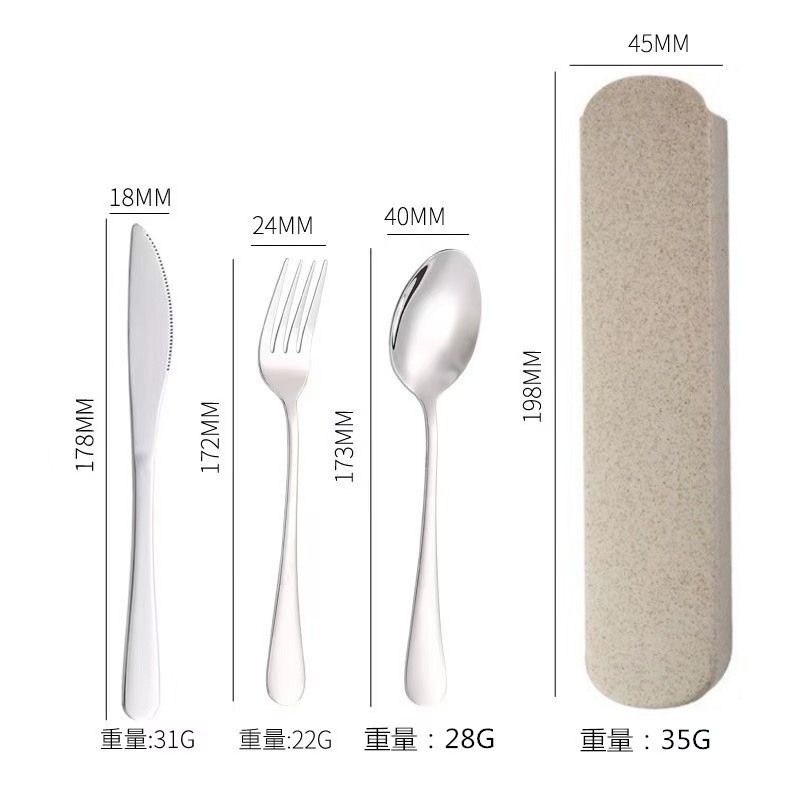 Juego portátil de cubiertos de acero inoxidable, incluye cuchillo, tenedor y cuchara, ideal para estudiantes o camping