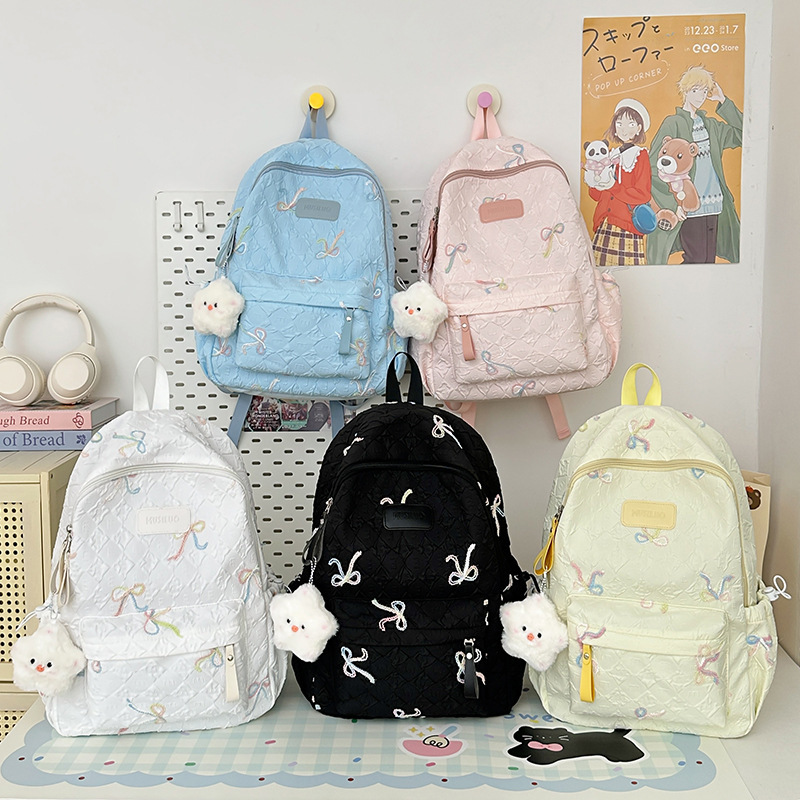国境を越えるようなバックパック、女性用リボン付き学生用スクールバッグ、女子中学生・高校生向け、シンプルで多用途、大容量、負担軽減リュックサック|undefined