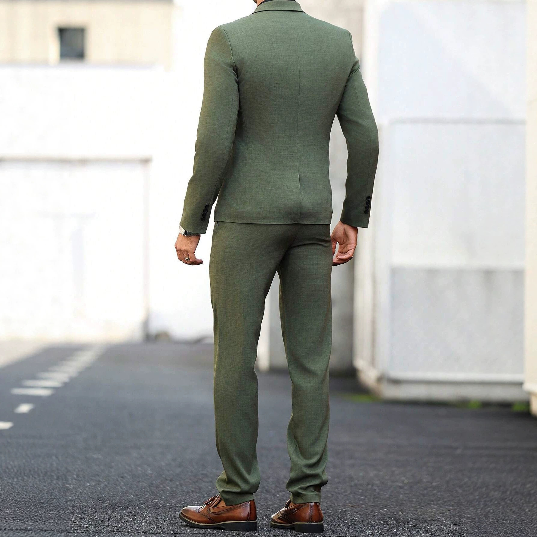 Men's Light Business Suit Set Dark Green Gentleman's Solid Color Style Fashion_voghion.com