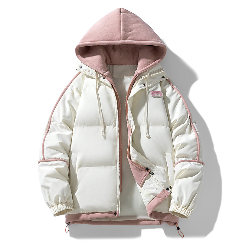 2024 ropa acolchada de algodón casual para hombres de invierno, chaqueta de tendencia de todo fósforo de color de contraste juvenil, ropa acolchada con capucha de moda para estudiantes al por mayor