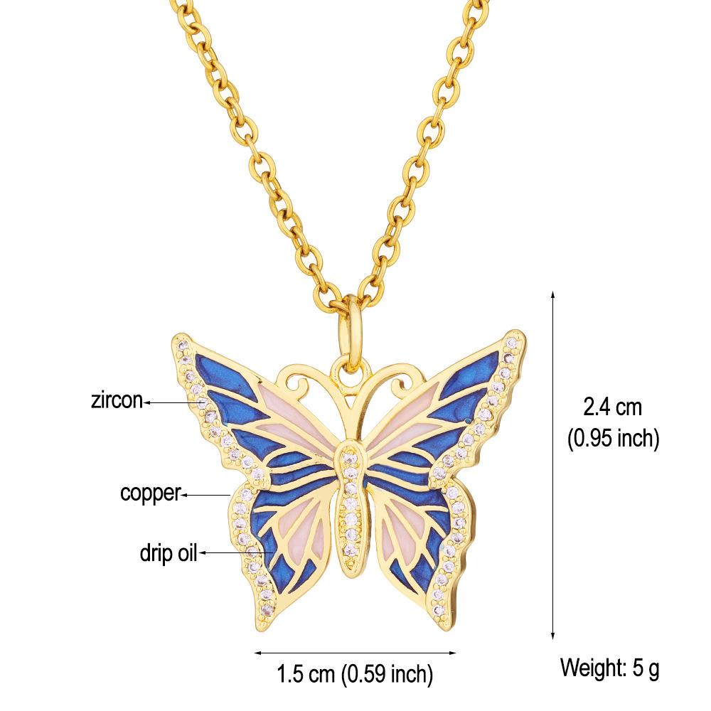 Retro Butterfly Copper Enamel Inlay Zircon Pendant Necklace 1 Piece display picture 1