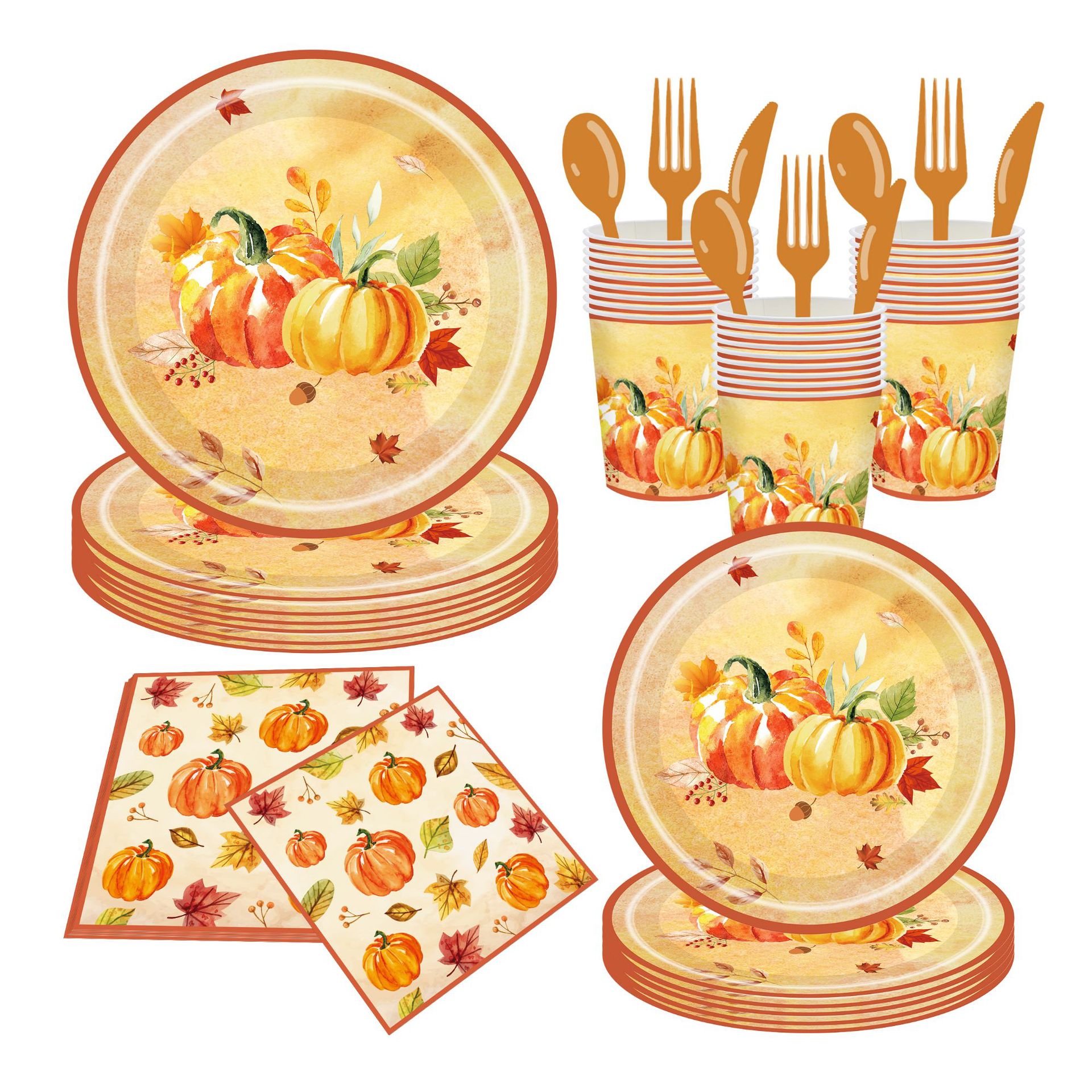 Juego de Vajilla Desechable para Decoración del Hogar y Eventos, con Platos de Papel, Temática de Hoja de Arce y Calabaza, para Fiestas y Festivales Transfronterizos