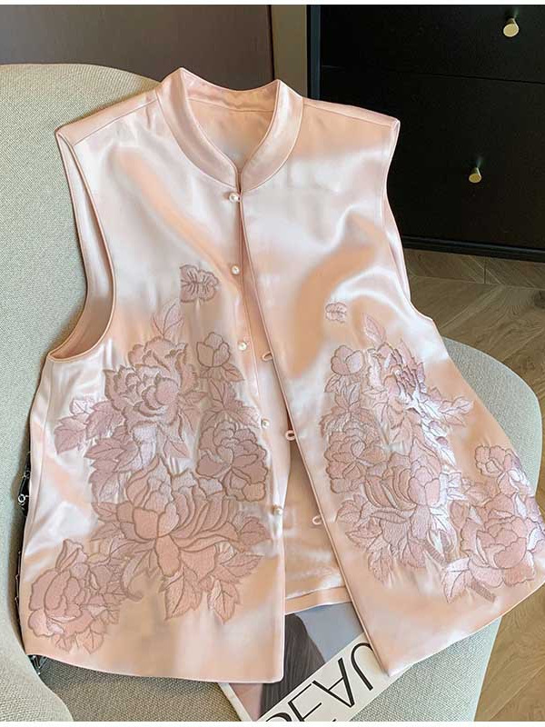 粉色新中式刺绣醋酸马甲女2025秋季新款国风气质甜美立领马夹背心|undefined