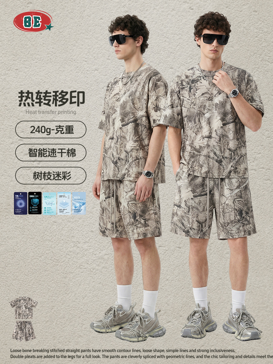 Be Hombres| 2025 verano americano camuflaje impresión de transferencia térmica camiseta de manga corta casual suelta pantalones cortos de secado rápido set de moda para hombres